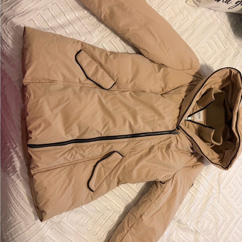 Women's Guess Hooded Puffer Coat in Beige